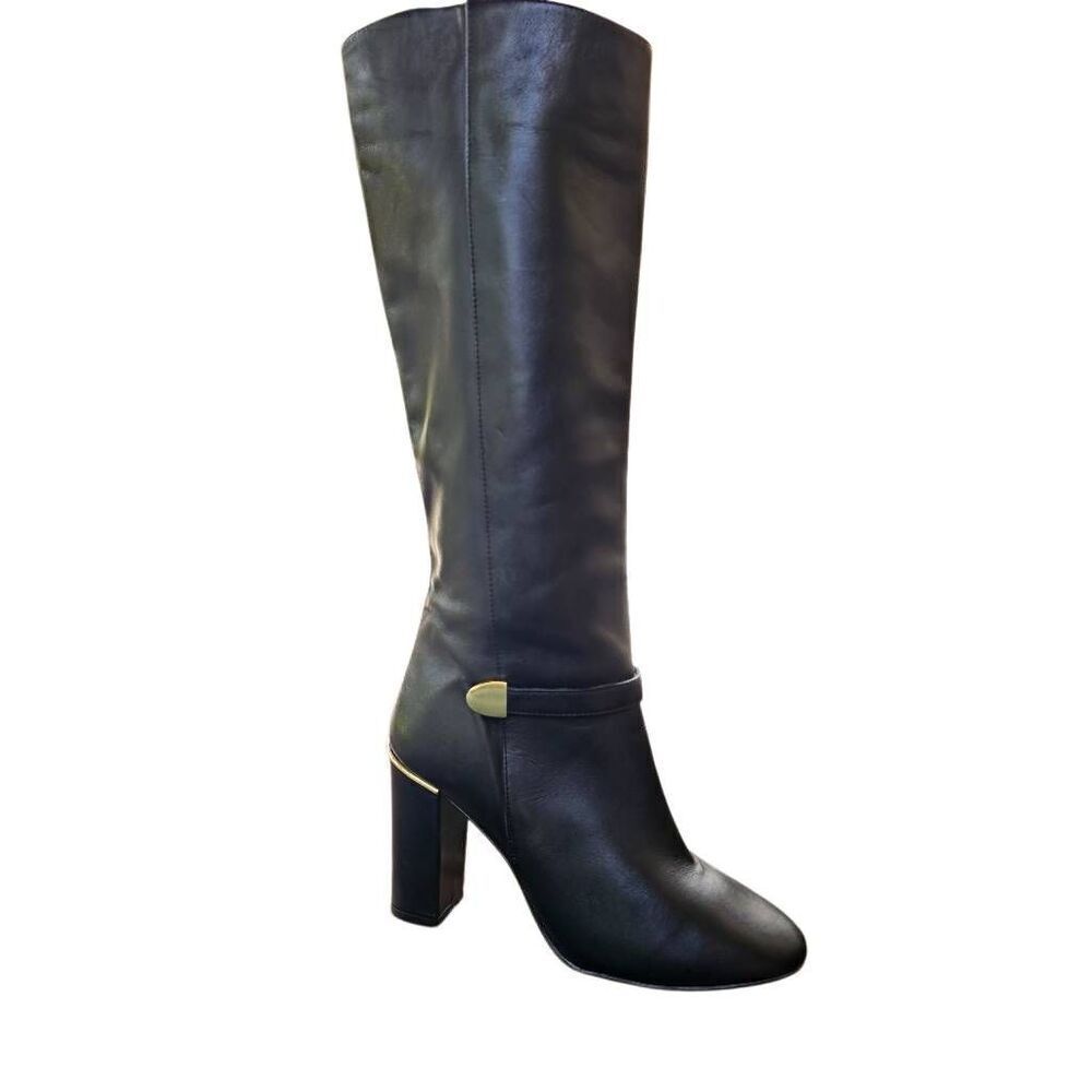 Massimo Baldi Tall Black Leather Boots Gold Hardware Size 38 (8) Ankle side zip